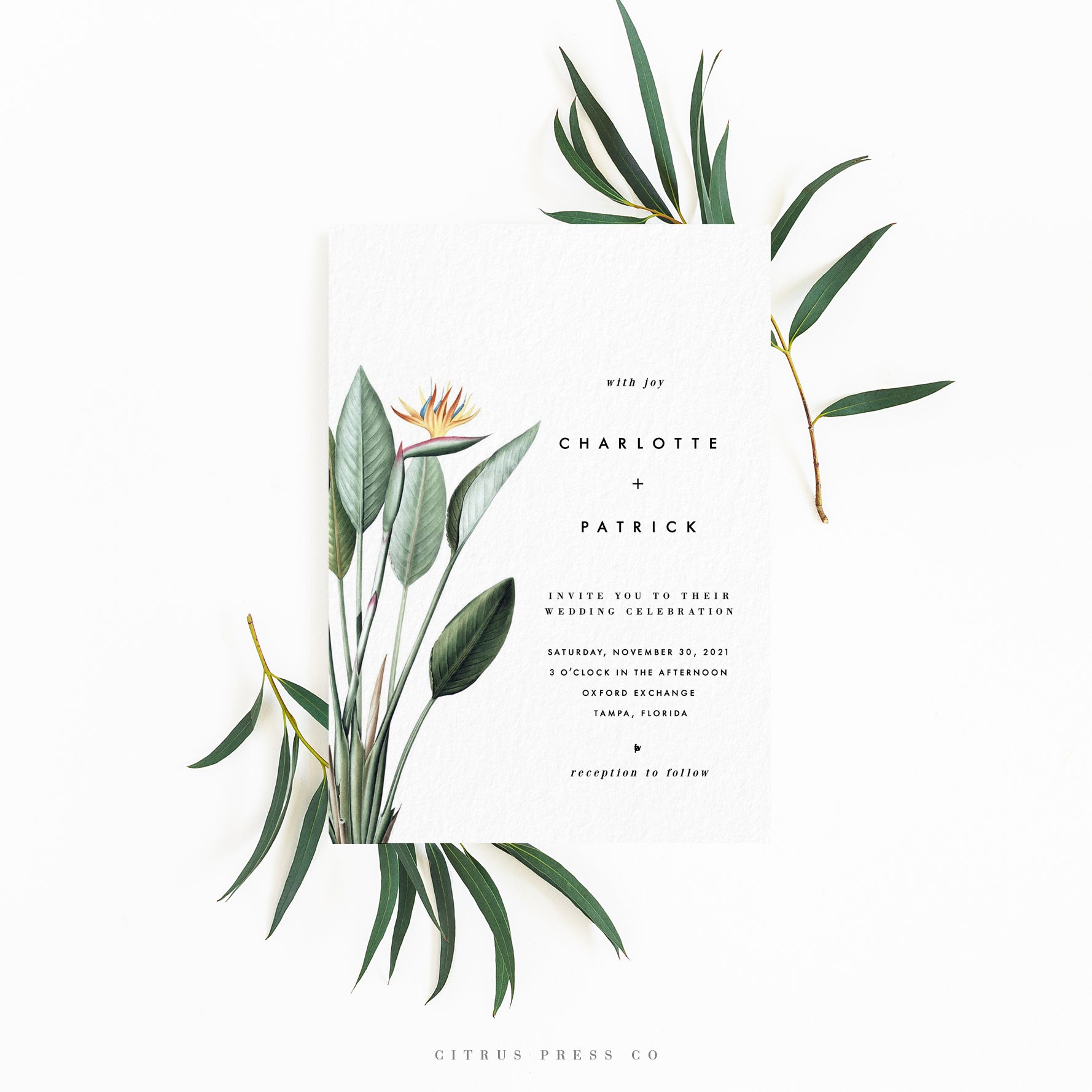 Minimalist Modern Birds Of Paradise Wedding Invitation | Tropical Beach | Pdf Template