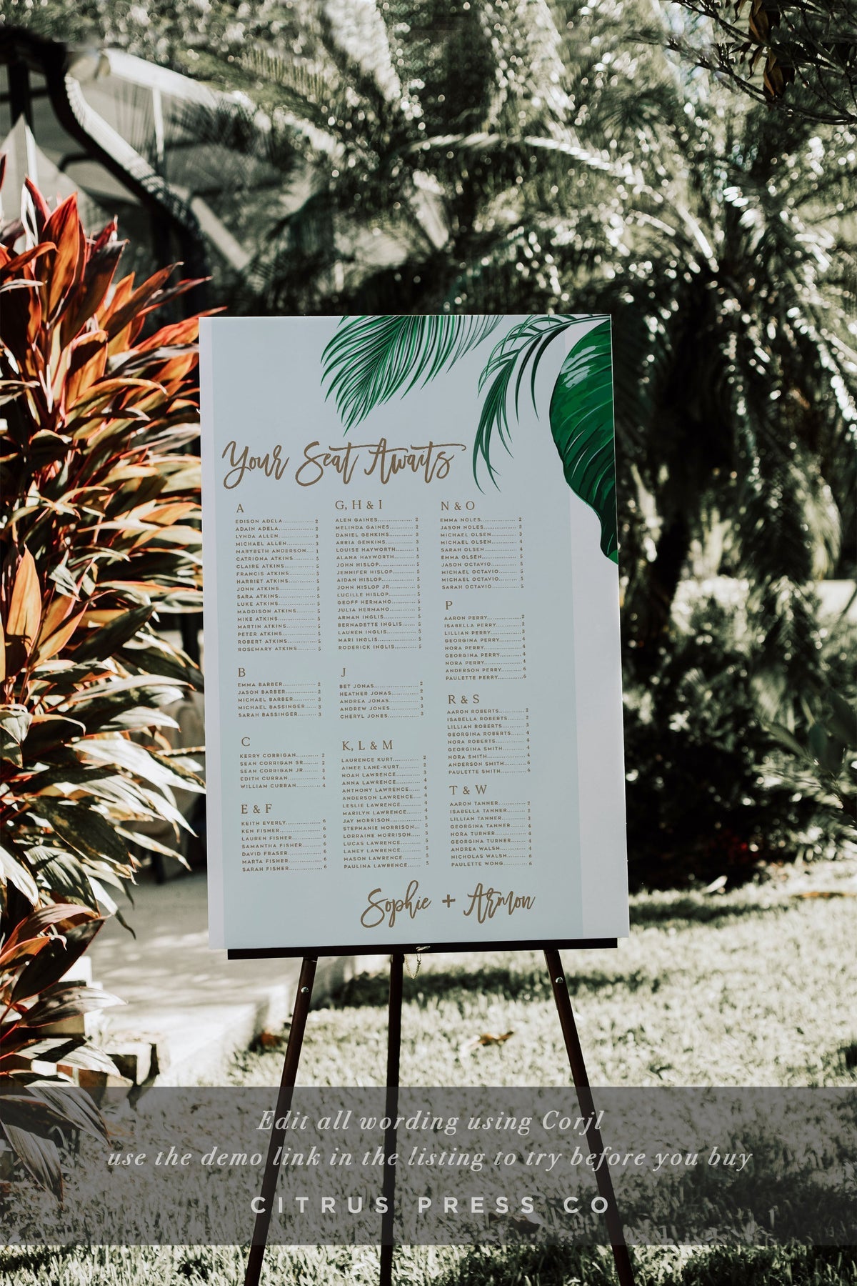 Tropical Beach Wedding Seating Chart | Diy Pdf Template