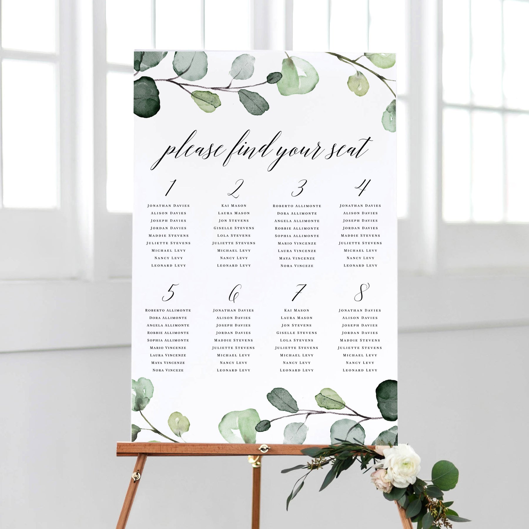 Eucalyptus Greenery Wedding Seating Chart | Pdf Template