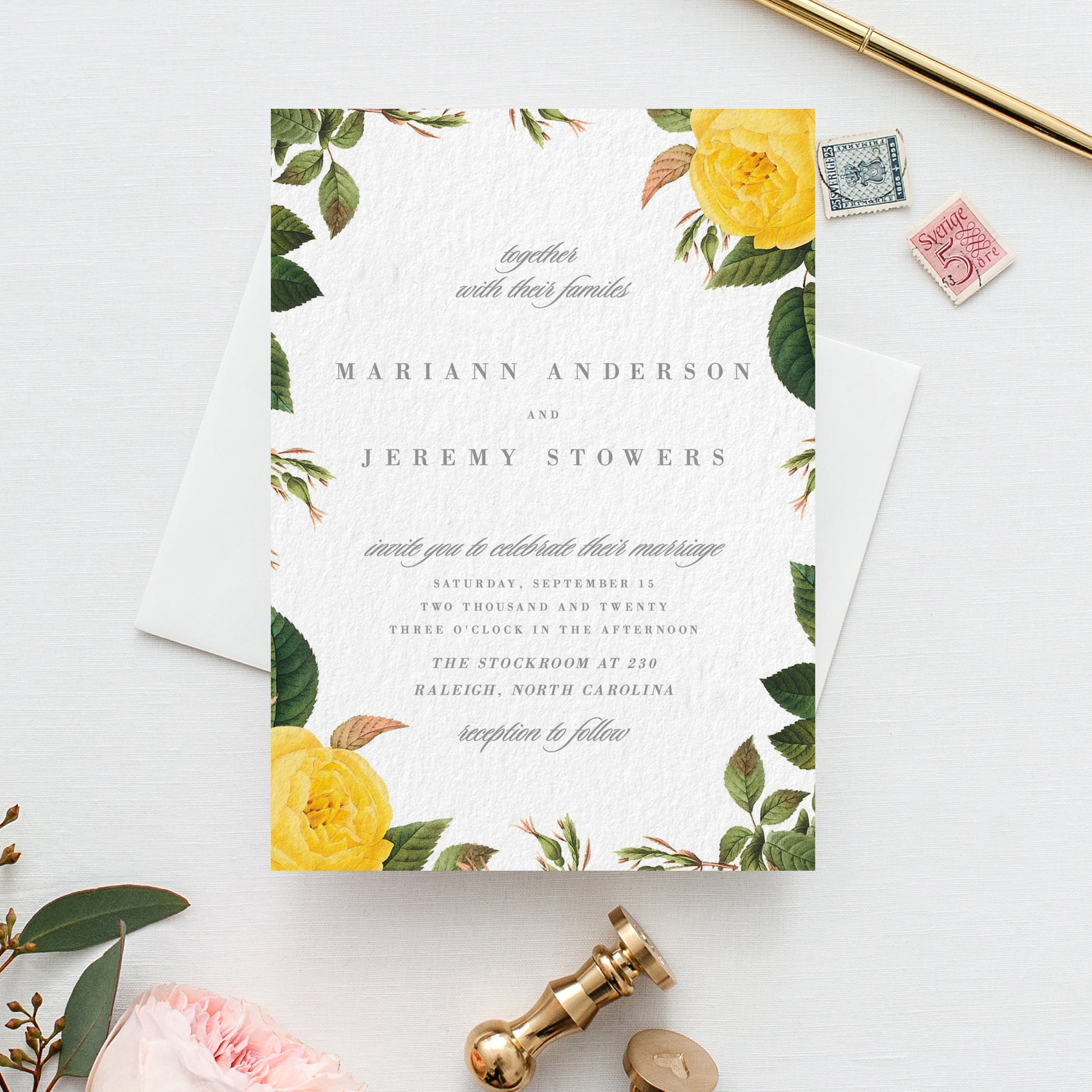 Botanical Floral Wedding Invitation | Yellow Flower | Pdf Template