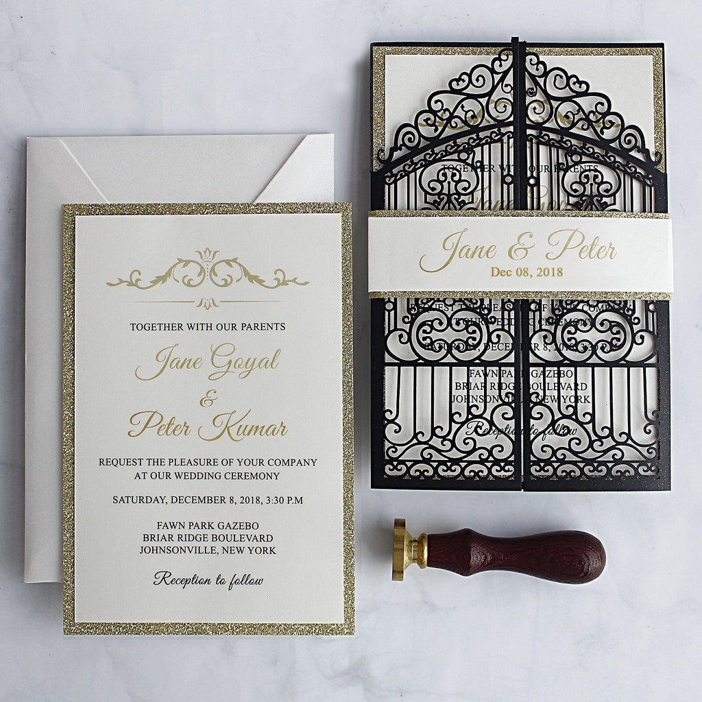 Black and Gold Wedding Invitations, Laser Cut Invitations for Luxury Wedding, Gate with Gold Glitter Invitation Cards