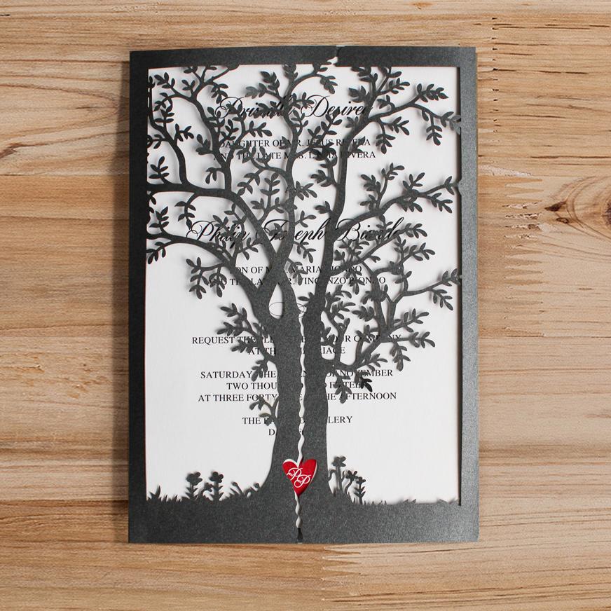 Black Tree Invitations, Red Heart Wedding Invite Cards