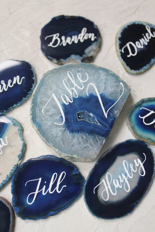 Blue Agate Table Numbers, Agate Bookends, Wedding Table Numbers, Wedding Agate Decor - Geodes with Calligraphy