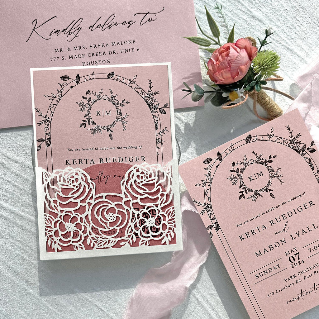 Blush Pink and Ivory Rose Wedding Invitations, Elegant Floral Arch Frame Wedding Invites, Romantic Laser Cut Pocket Invitation with Matched RSVP