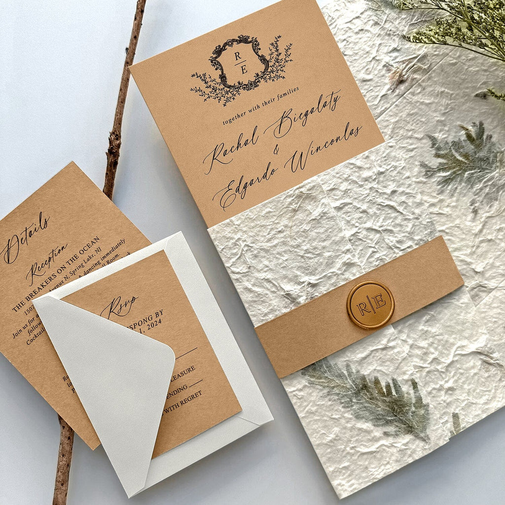 Botanical and Kraft Wedding Invitation Suite, Rustic Petal and Leaf Handmade Wrap Invites, Romantic Forest Wedding Invitations