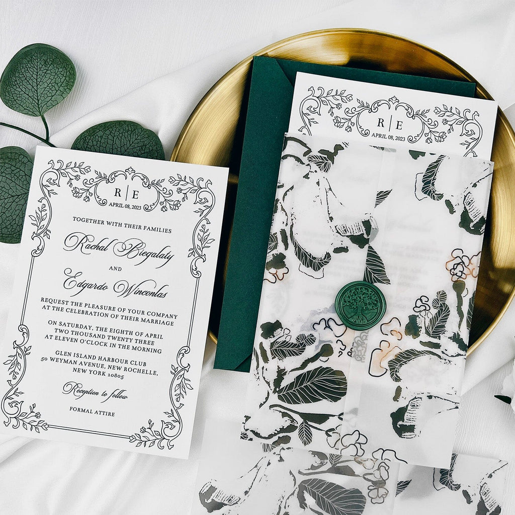 Botanical Green Wedding Invitations, Rustic Greenery Printed Vellum Jacket Invites, Customized Forest Wedding Invitation