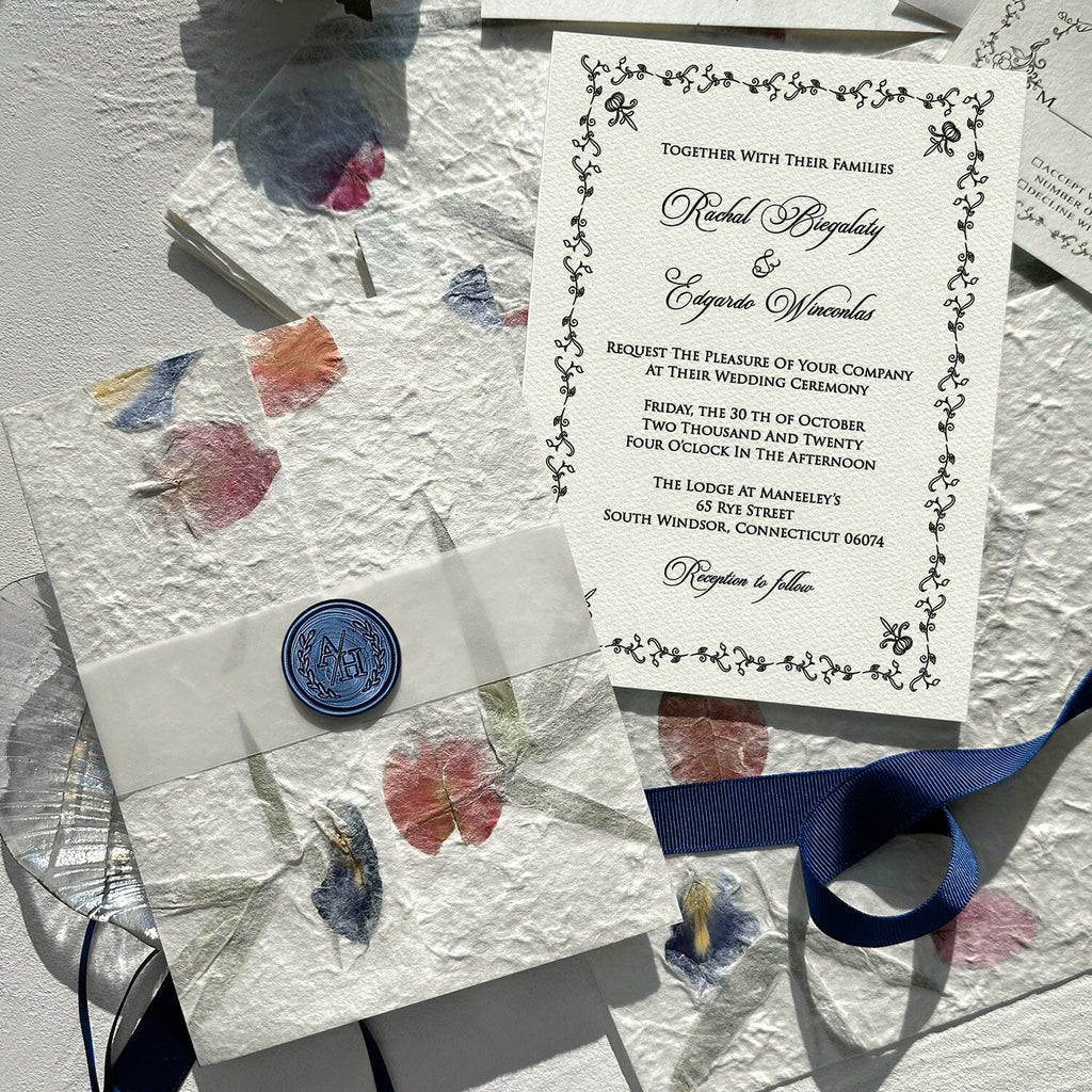 Botanical Handmade Paper Wedding Invitations, Romantic Real Petal Invites with Custom Navy Wax Seal, Floral Wedding Invitation with Matching Cards