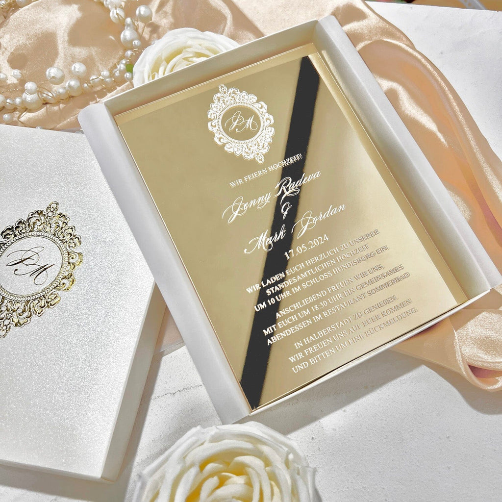 Boxed Gold Mirror Wedding Invitations and Foiled RSVP Cards, Acrylic Wedding Invite in Gold Foil Box, Personalized Wedding logo