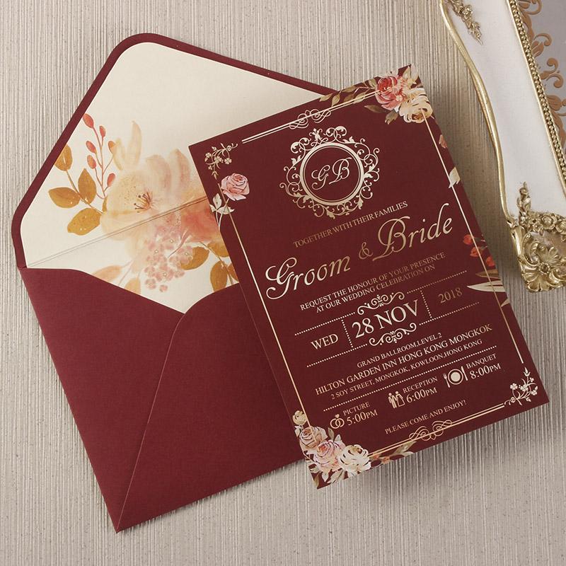 Burgundy and Gold Invitation Cards Floral Wedding Invite with Envelope Personalized Invites