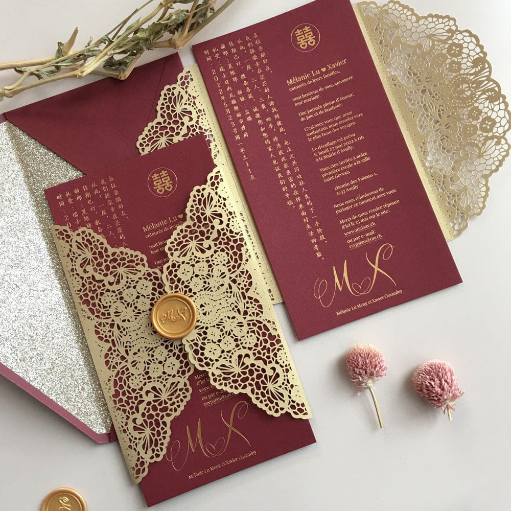 Burgundy and Gold Wedding Invitations with Gold Foil Printing, Laser Cut Floral Invites, Customized Wedding Wording, Wax Seals