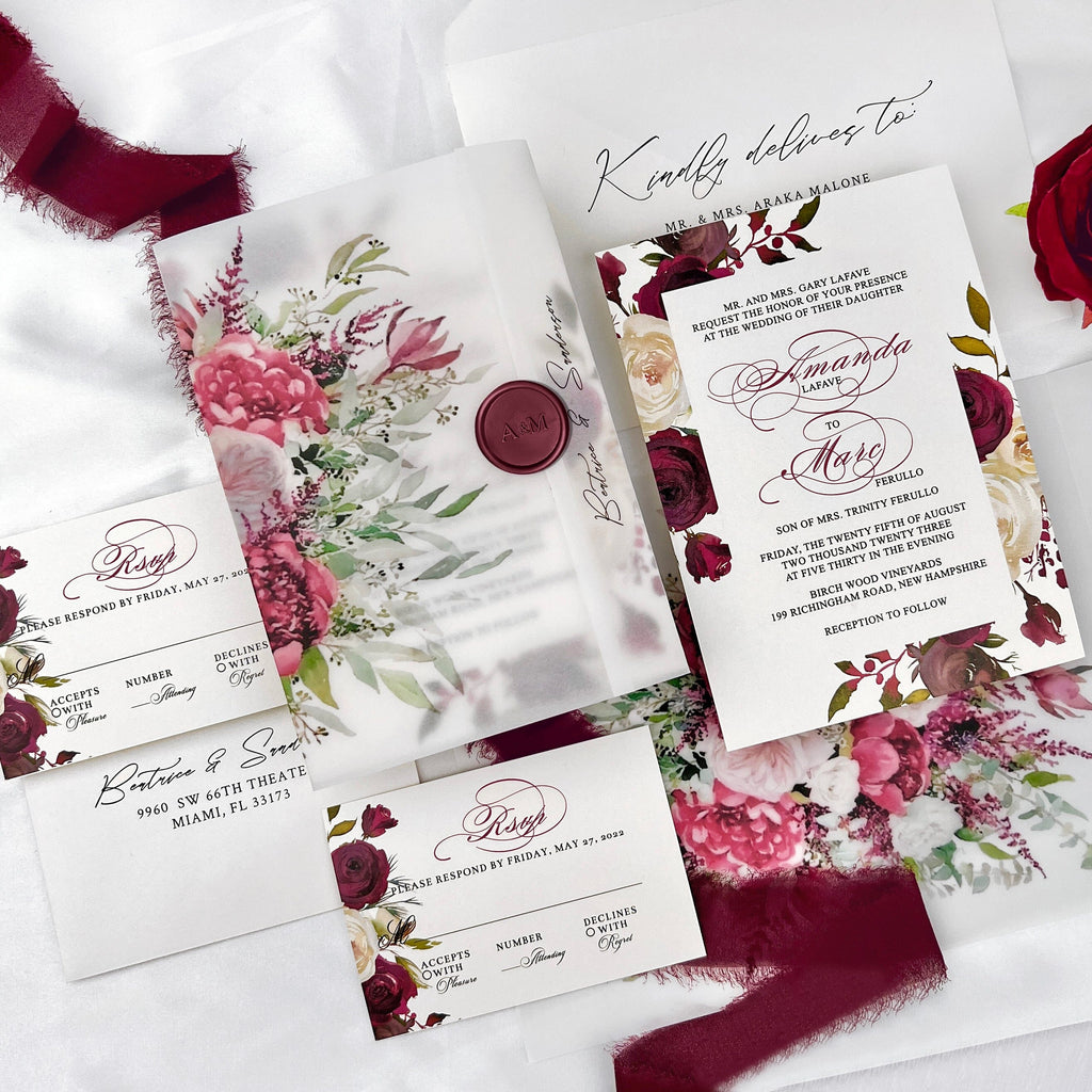 Burgundy Floral Vellum Jacket Wedding Invitation Suite, Romantic Roses Frame Wedding Invitations, Vellum Wrap Invites with Personalized Wax Seal