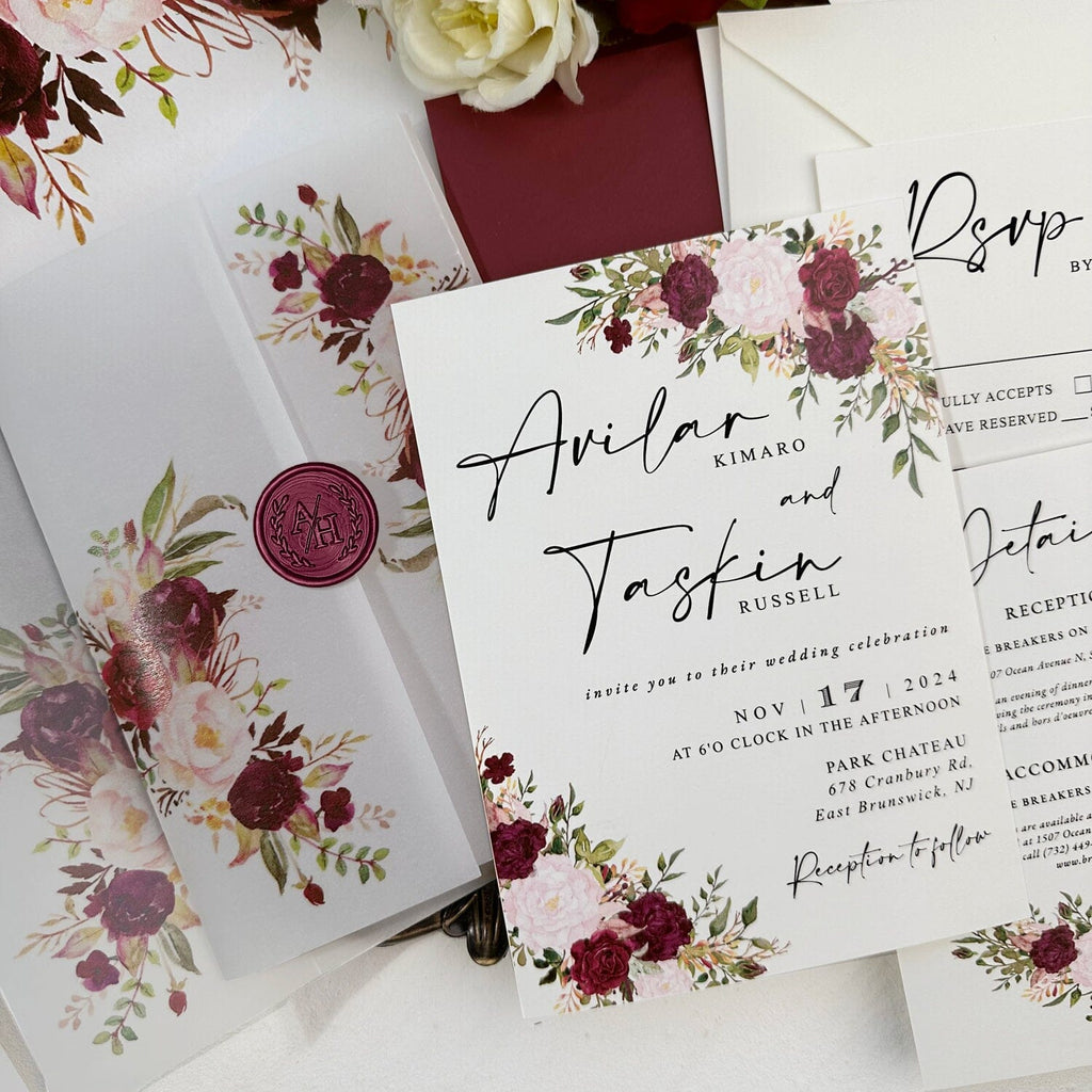 Burgundy Floral Vellum Wedding Invitation, Romantic Rose Invites with Personalized Wax Seal, All Matched Cards and Flowers Lined Envelopes Addressing Stickers