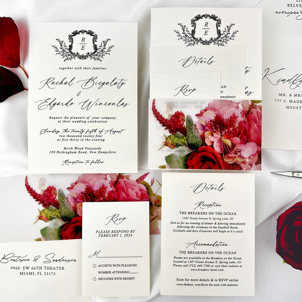 Burgundy Floral Wedding Invitations, Romantic Fall Floral Vellum Belly Band Invites, Minimalist Personalized Printed Wedding Invitation