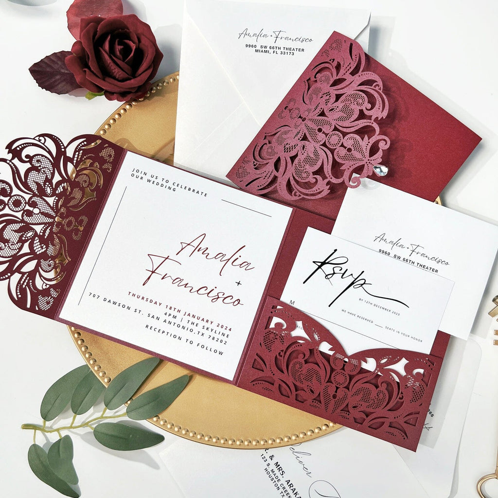 Burgundy Laser Cut Wedding Invitation Set, Lace Pocket Wedding Invitations, Printable Monogram Classic Invites