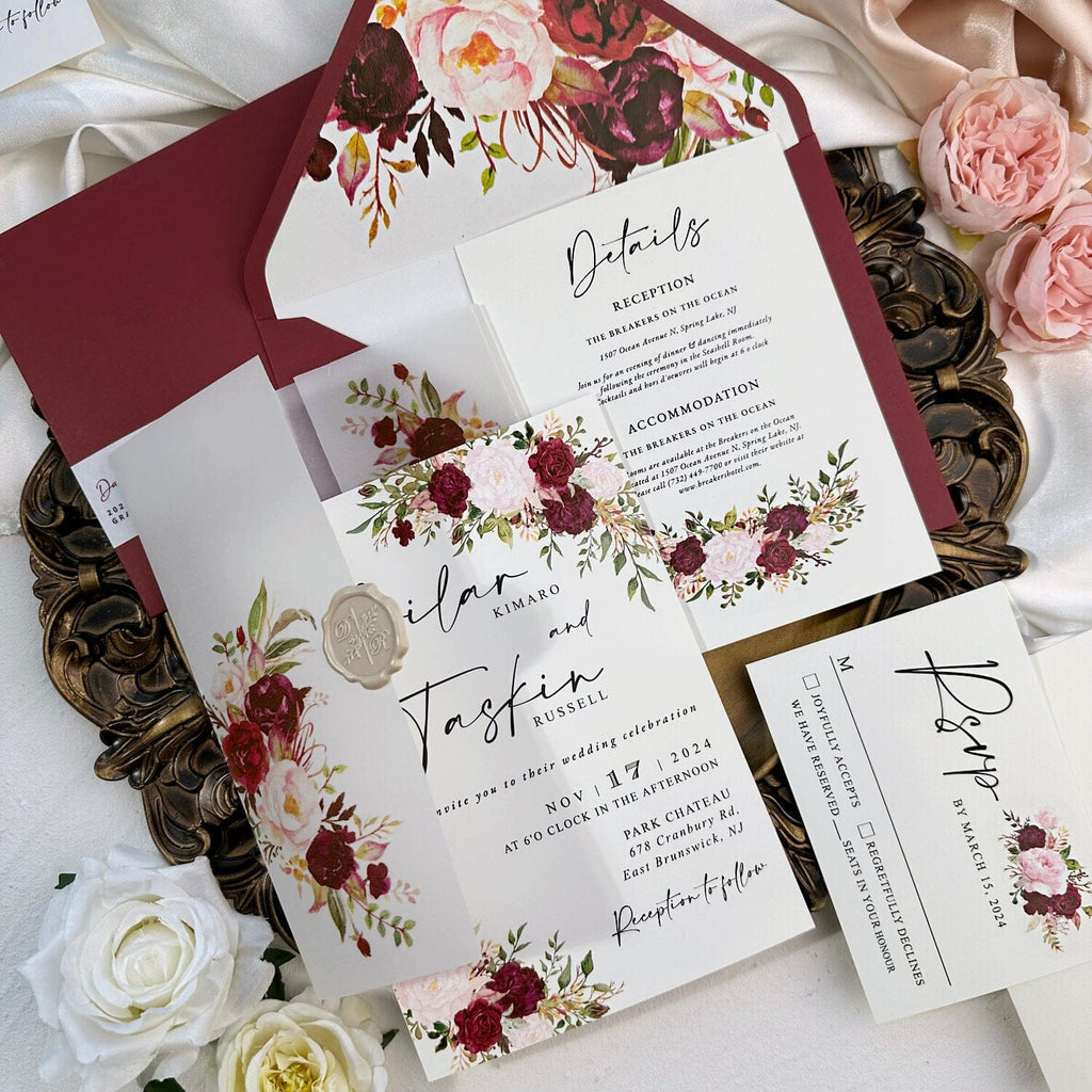 Burgundy Vellum Wedding Invitations Suite, 5x7 White and Blush Floral Invites, Personalized Envelope Address Label, Editable Rose Invitation, Details Cards