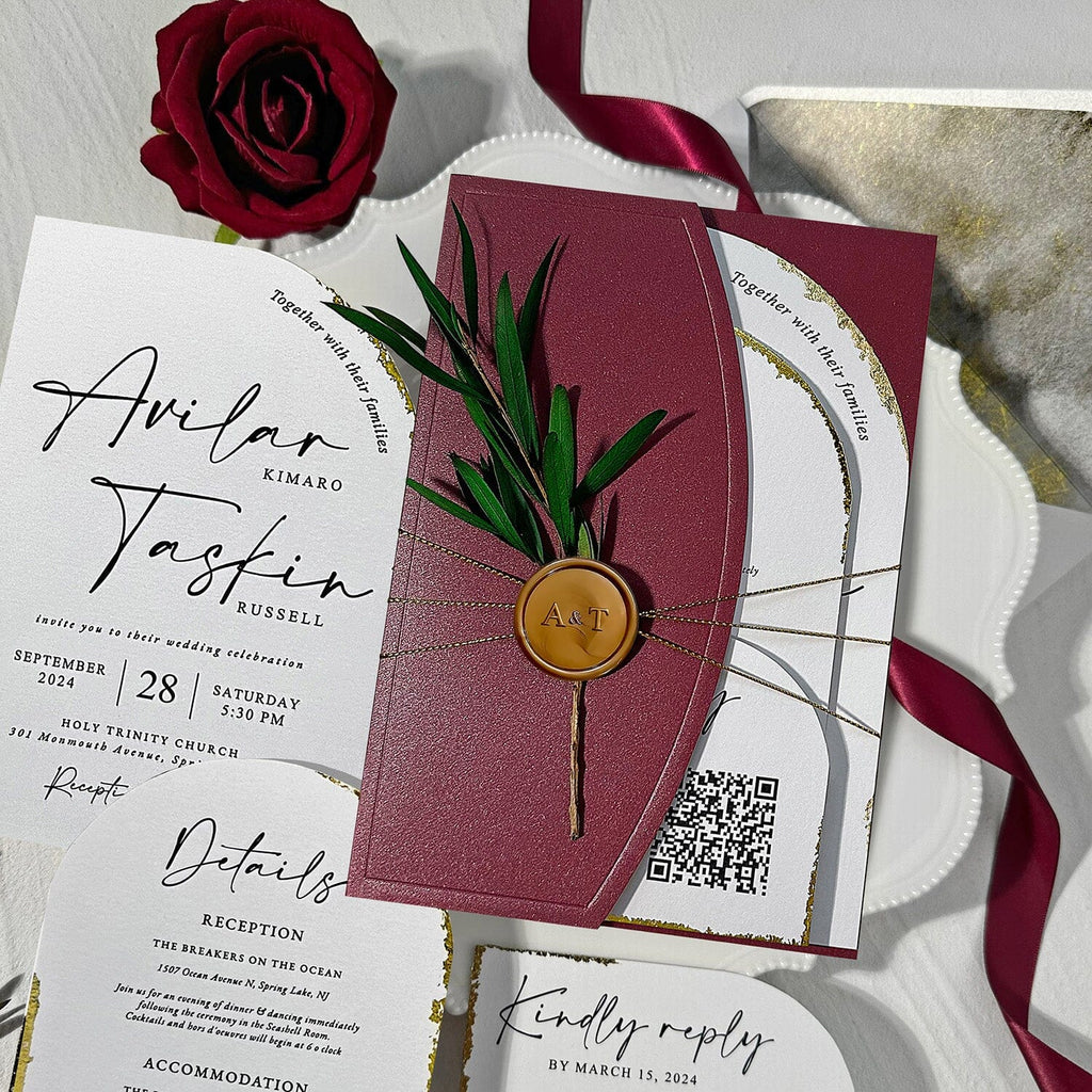 Burgundy Wedding Invitation Set, Arch Reception Invitation and Detail Cards