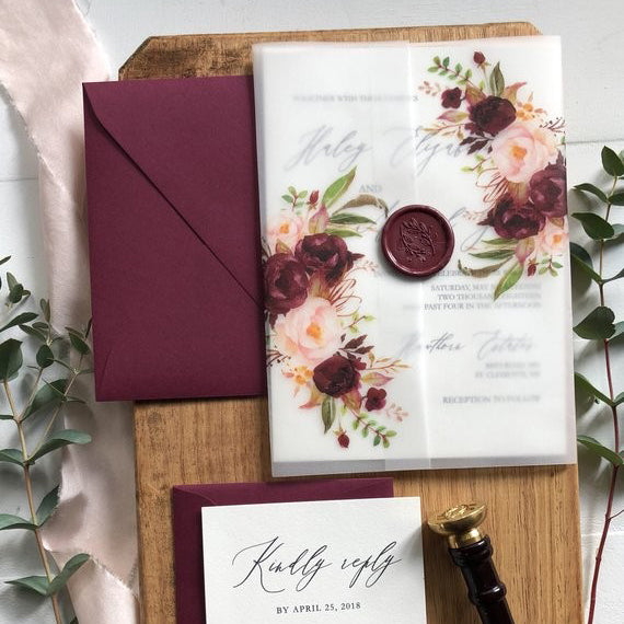 Burgundy Wedding Invitations Suit with Floral Vellum Paper Wrap and Lined Envelopes
