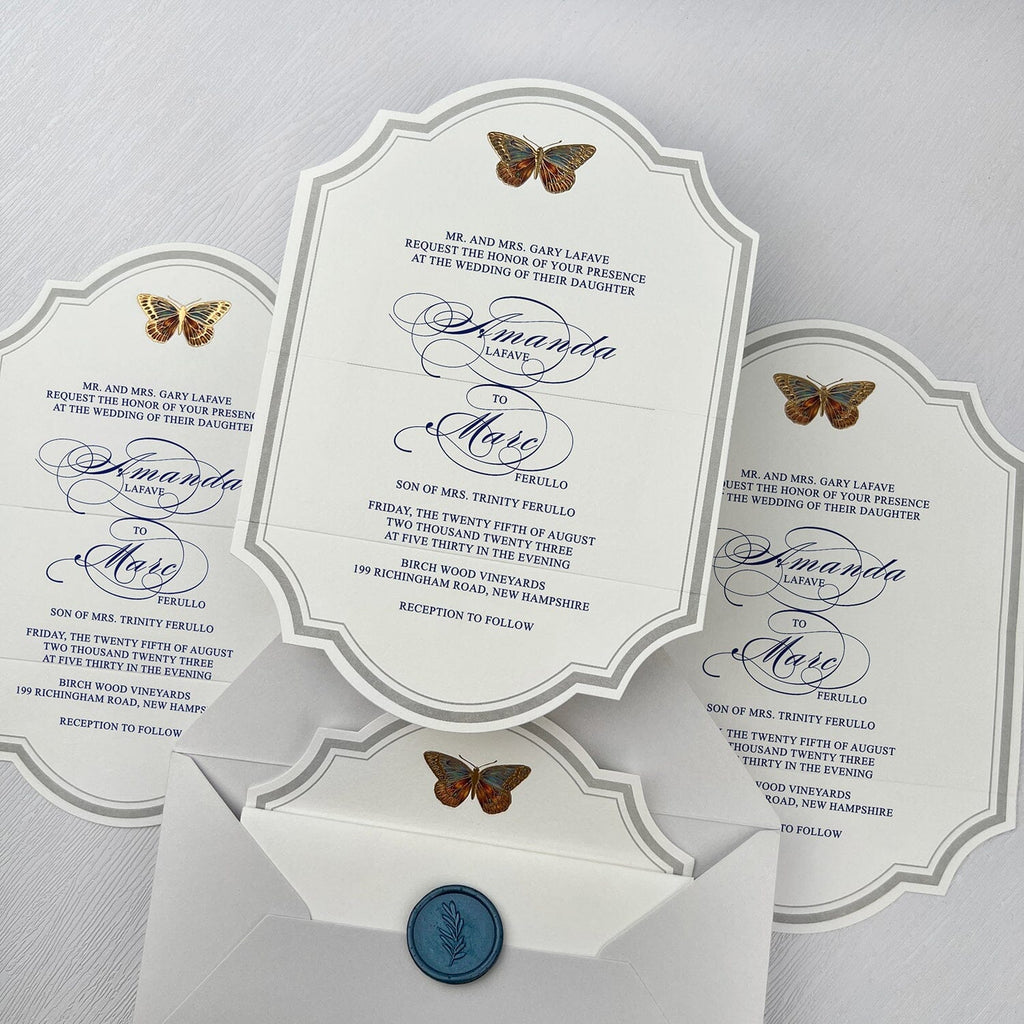 Butterfly Bracket Shaped Wedding Invitations, Romantic Colorful Gold Foil Invites, Elegant Gold and Blue Invitation with Customized Wax Seal