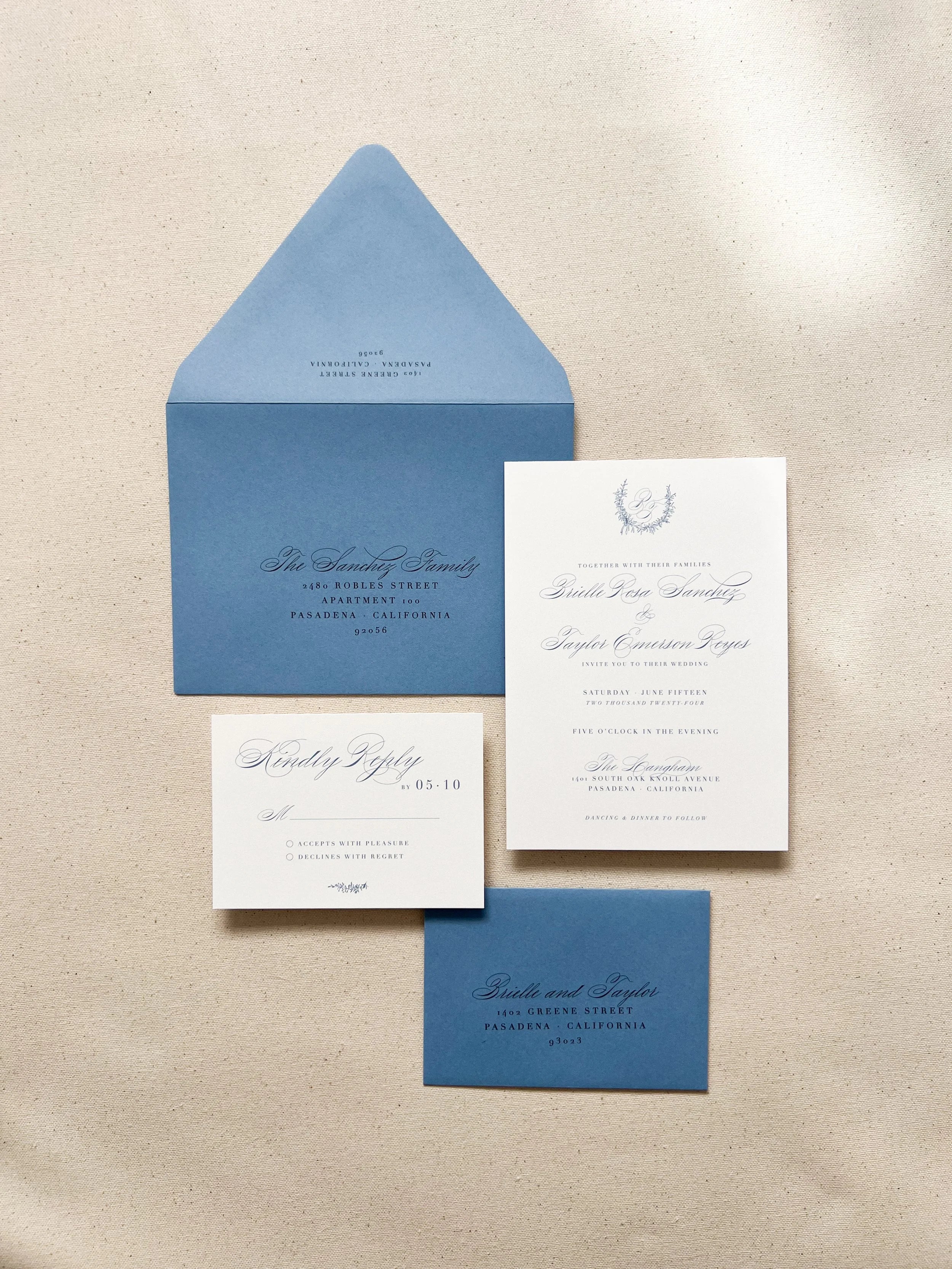 Romantic and Delicate Invitation Package with Laurel Monogram
