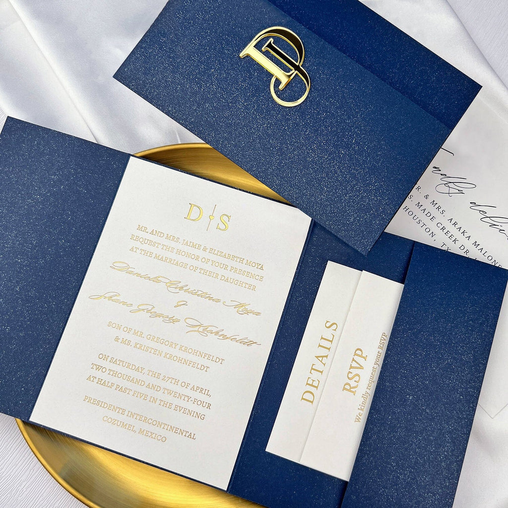 Classic Navy and Gold Trifold Wedding Invitation, Elegant Blue Pocket Invites with Personalized Gold Mirror Logo, Gold Foil Matched RSVP, Detail Cards
