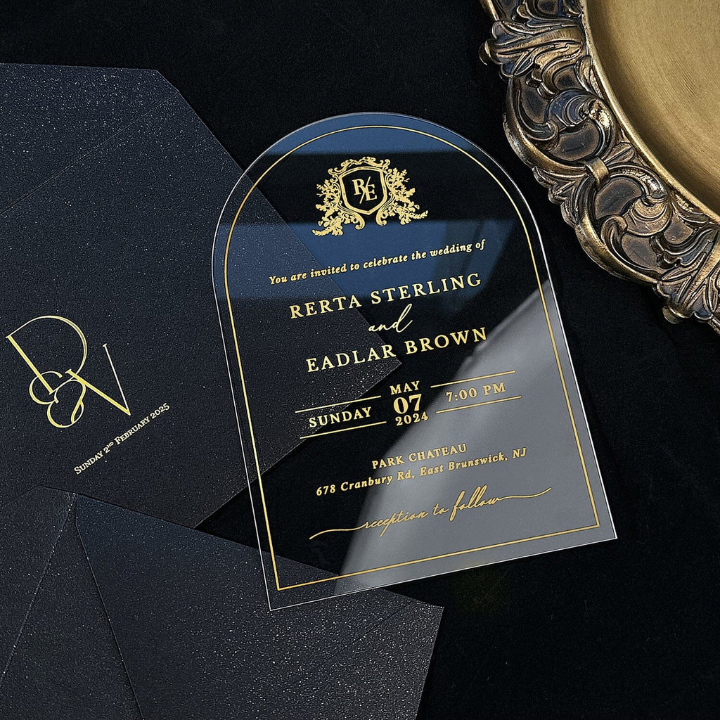 Clear Acrylic Wedding Invitation with Black Envelope, Luxury Transparent Invites, Customized Arch Gold Ink Invitations