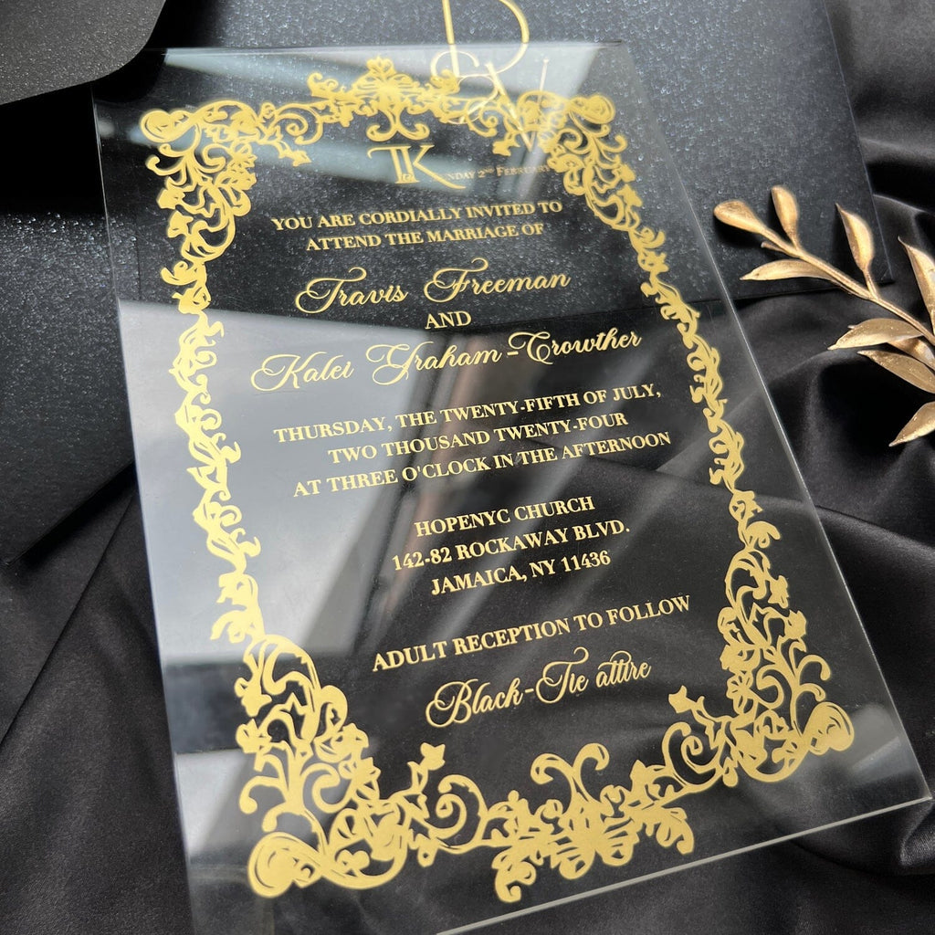 Clear Acrylic Wedding Invitation with Gold Foil Black Envelopes, Transparent Invites, Foil Printing Cards