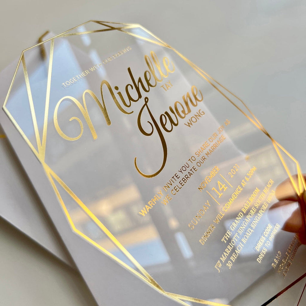 Clear Acrylic Wedding Invitations with Gold Foil Printing, Diamond Shaped Transparent