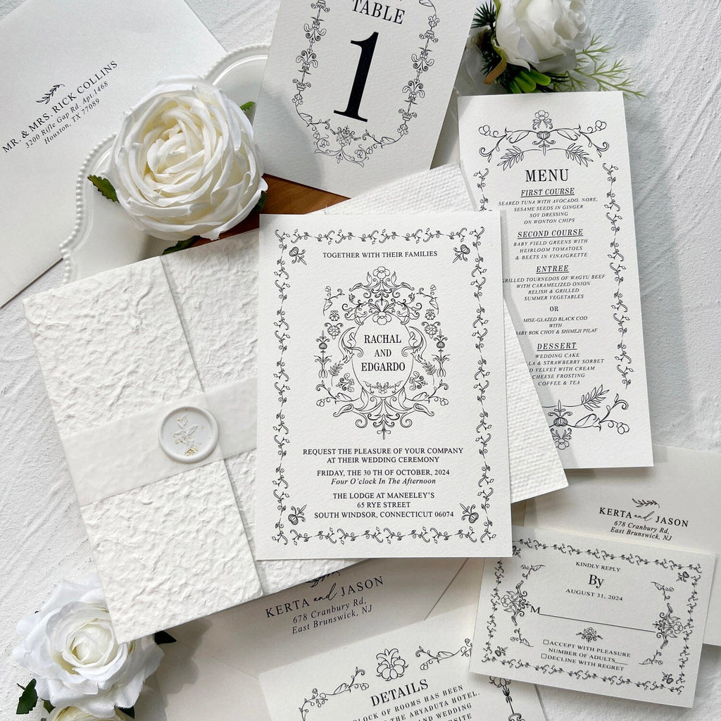 Cotton Rustic Wedding Invitations Suit, Handmade Paper Invites, Deckled Edge Invitation for Vintage Wedding