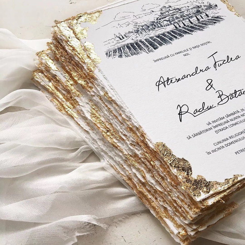 Custom Gold Deckled Edge Wedding Invitations, Handmade Torn Edge Luxury Invites