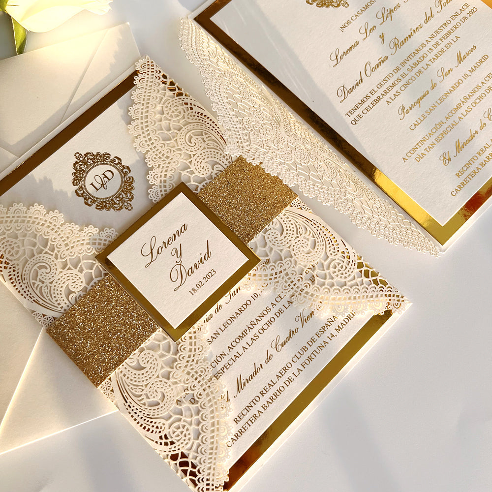 Customized Gold Foil Wedding Invitations with Glitter Bellyband and Envelopes