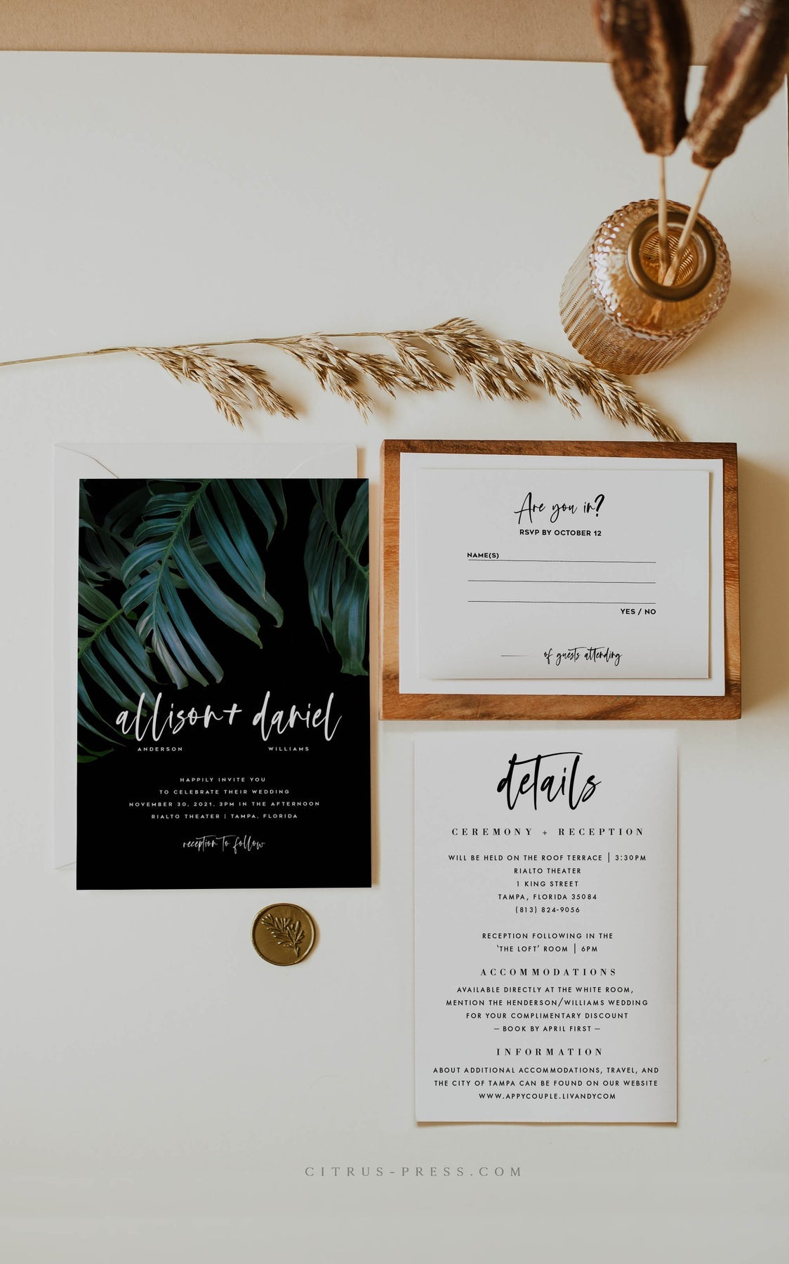 Dark Moody Tropical Wedding Invitation | Destination Wedding | Pdf Template