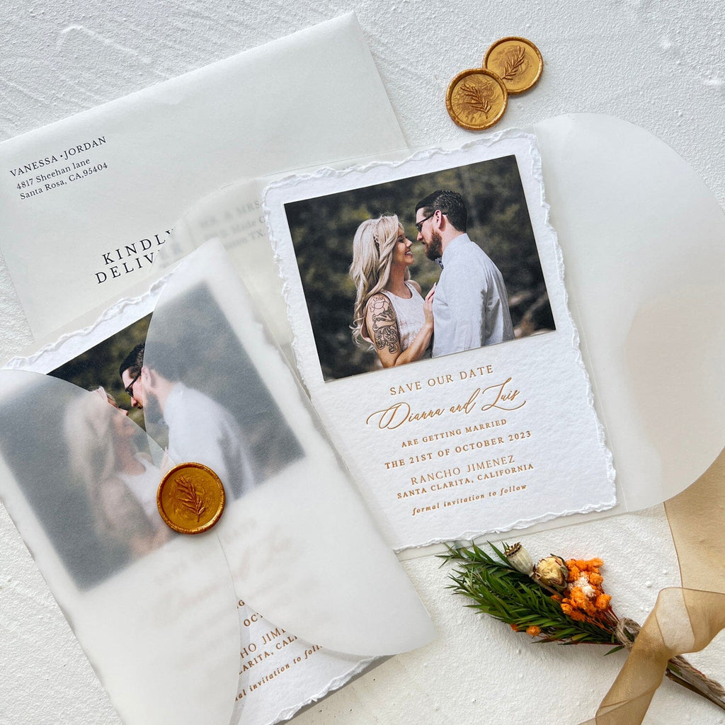 Deckle Edge Photo Wedding Invitation, Letterpress Printing Invitations, Hand Torn Edges Invites with Wax Seal