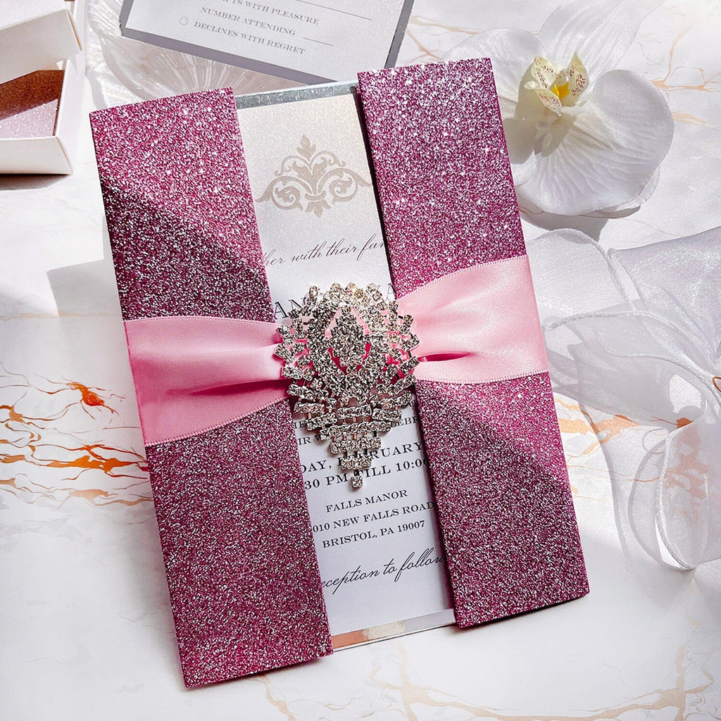 Diamond Glitter Pink Wedding Invitations, Luxury Blush and Silver Double-layer Invites, Gold Foil Boxed Invitation with RSVP