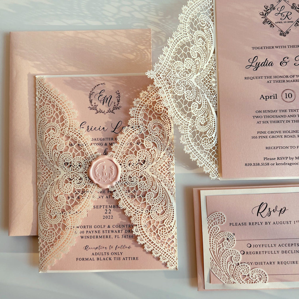 Elegant Blush Pink Lace Wedding Invitation Suite with Customized Wax Seal, Envelopes Addressing