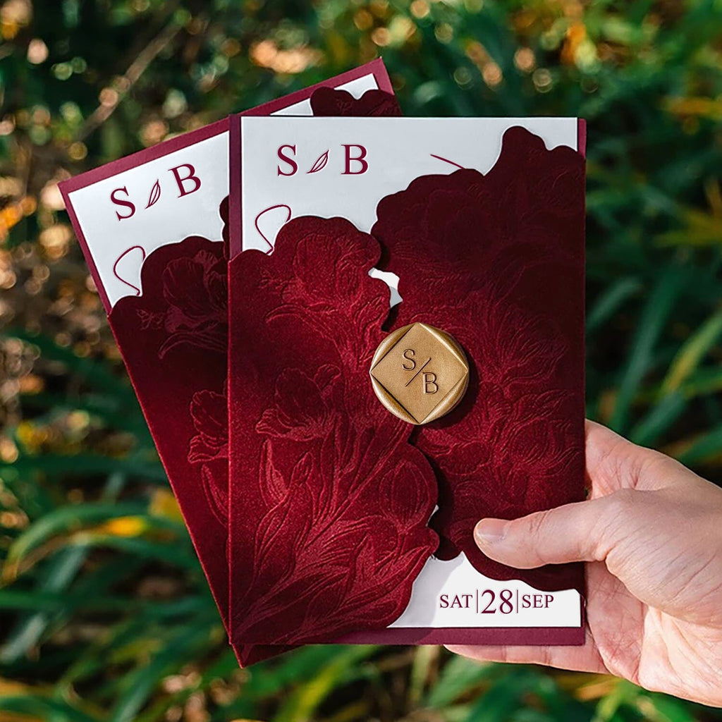 Elegant Burgundy Floral Velvet Wedding Invitation, Luxury Gravure Printing Invites with Personalized Gold Wax Seal