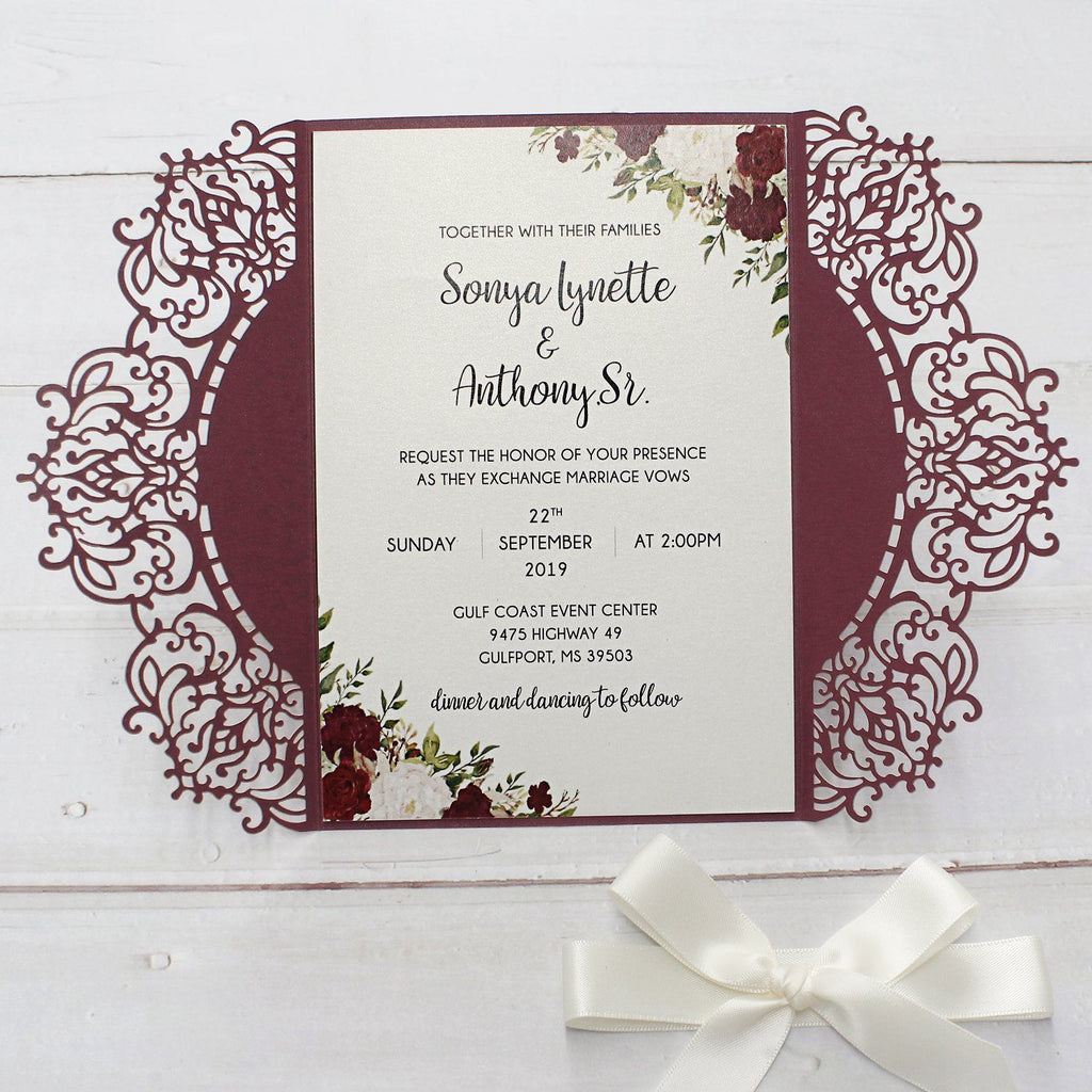 Elegant Burgundy Lace Wedding Invitation, Bridal Shower Invitation