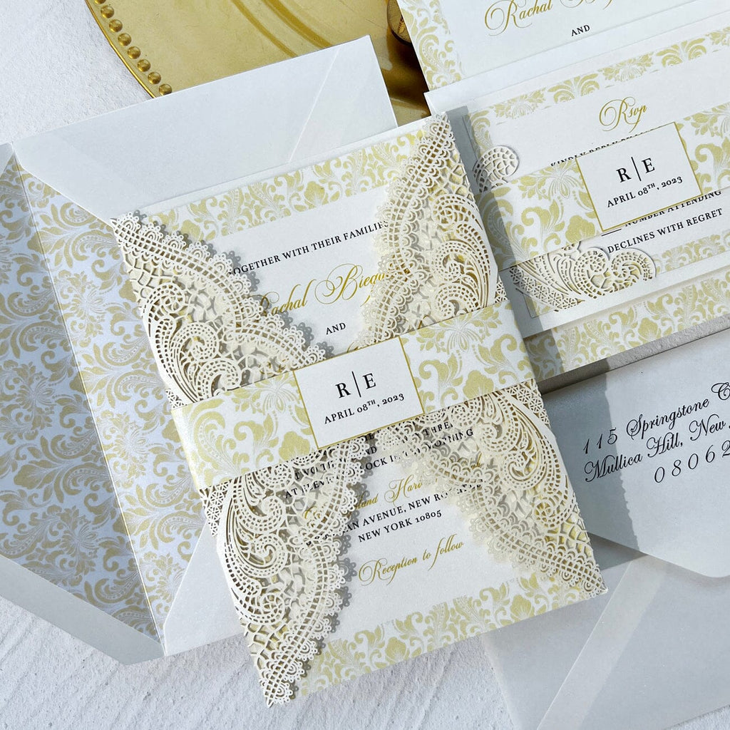 Elegant Damask Wedding Invitation and RSVP, Damask Bridal Shower Invitations, Gold and White Invites for Vintage Damask Wedding