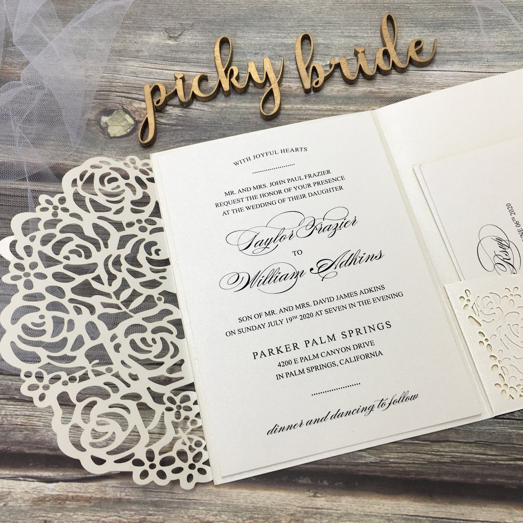 Elegant Ivory Wedding Cards Rose Laser Cut Invitations with RSVP Cards