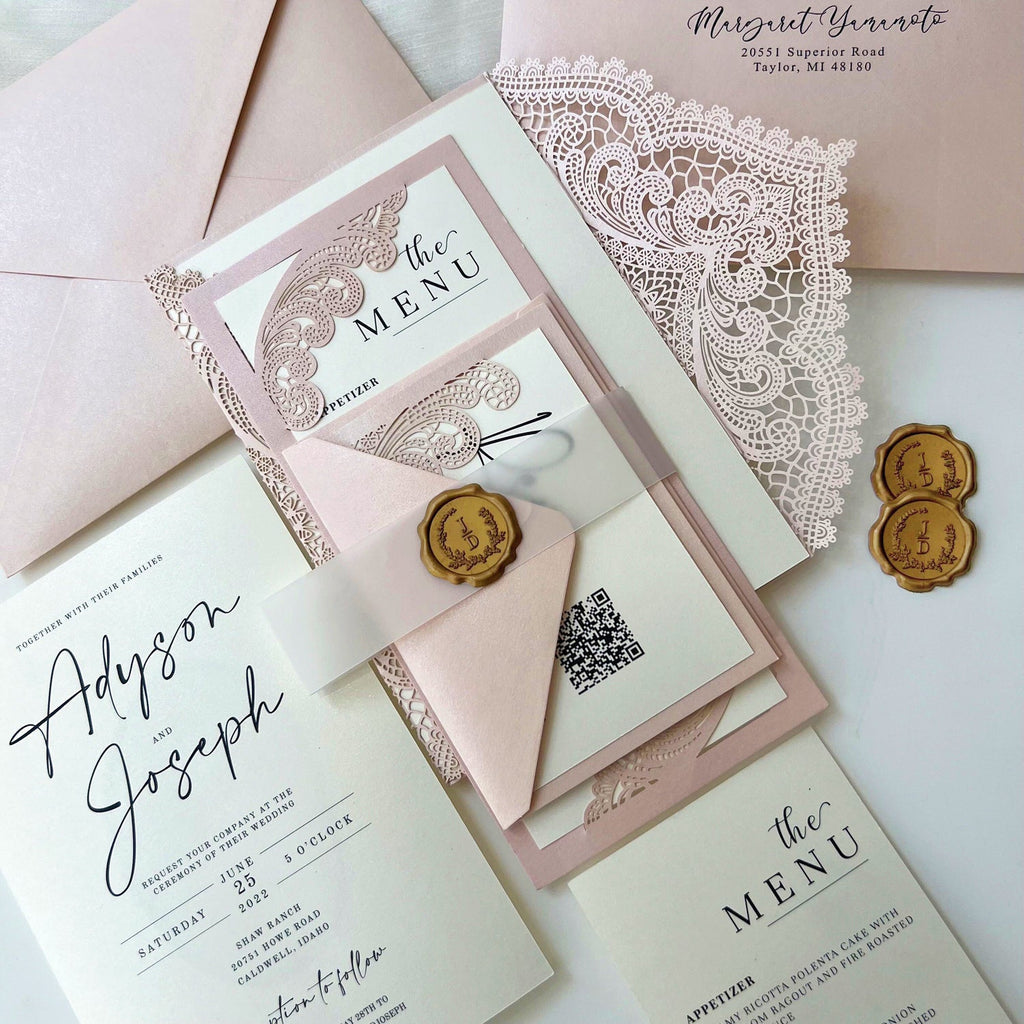 Elegant Lace Wedding Invitation Set with Wax Seal Belly Band, Pale Pink Lace Wraps