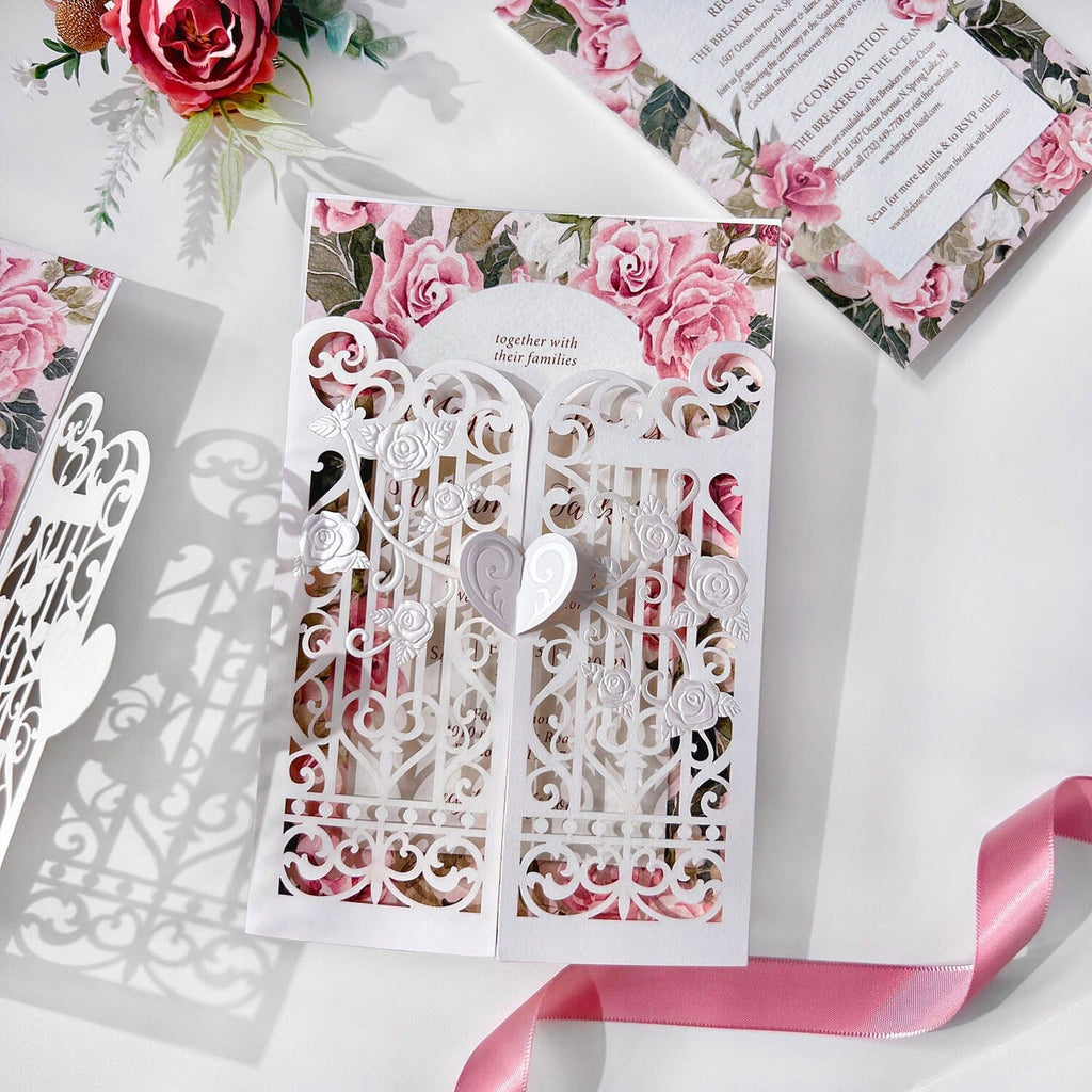 Elegant Pink Floral Wedding Invitation Suite, Gate Fold Embossed Heart Wedding Invites with White Lace Cover