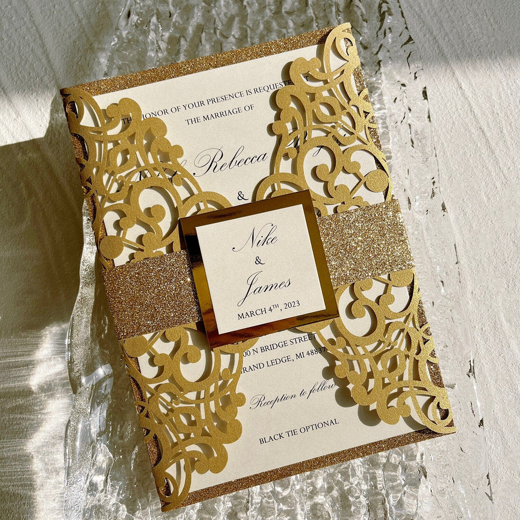 Glitter Gold Laser Cut Wedding Invitations Suite with Bellyband