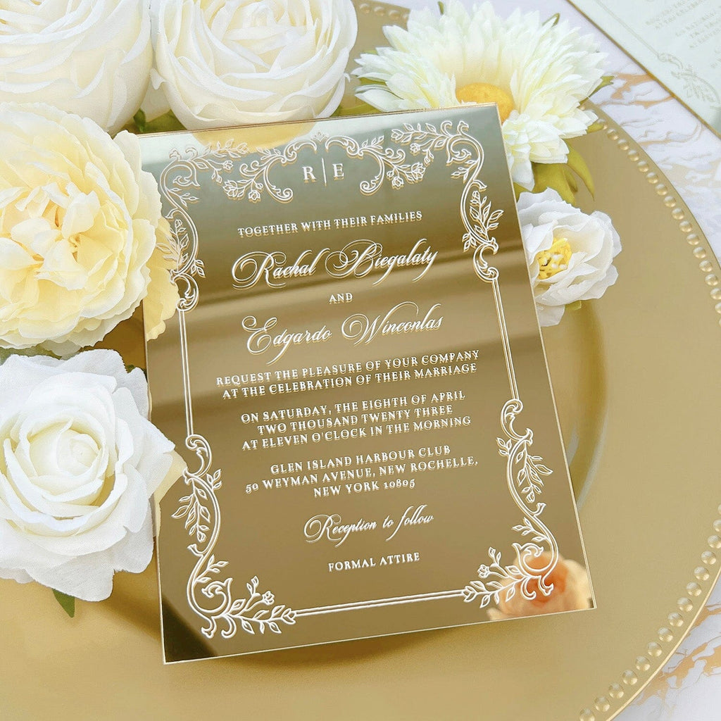 Gold Acrylic Mirror Wedding Invitation, Elegant Invites Cards with Filigree Frame