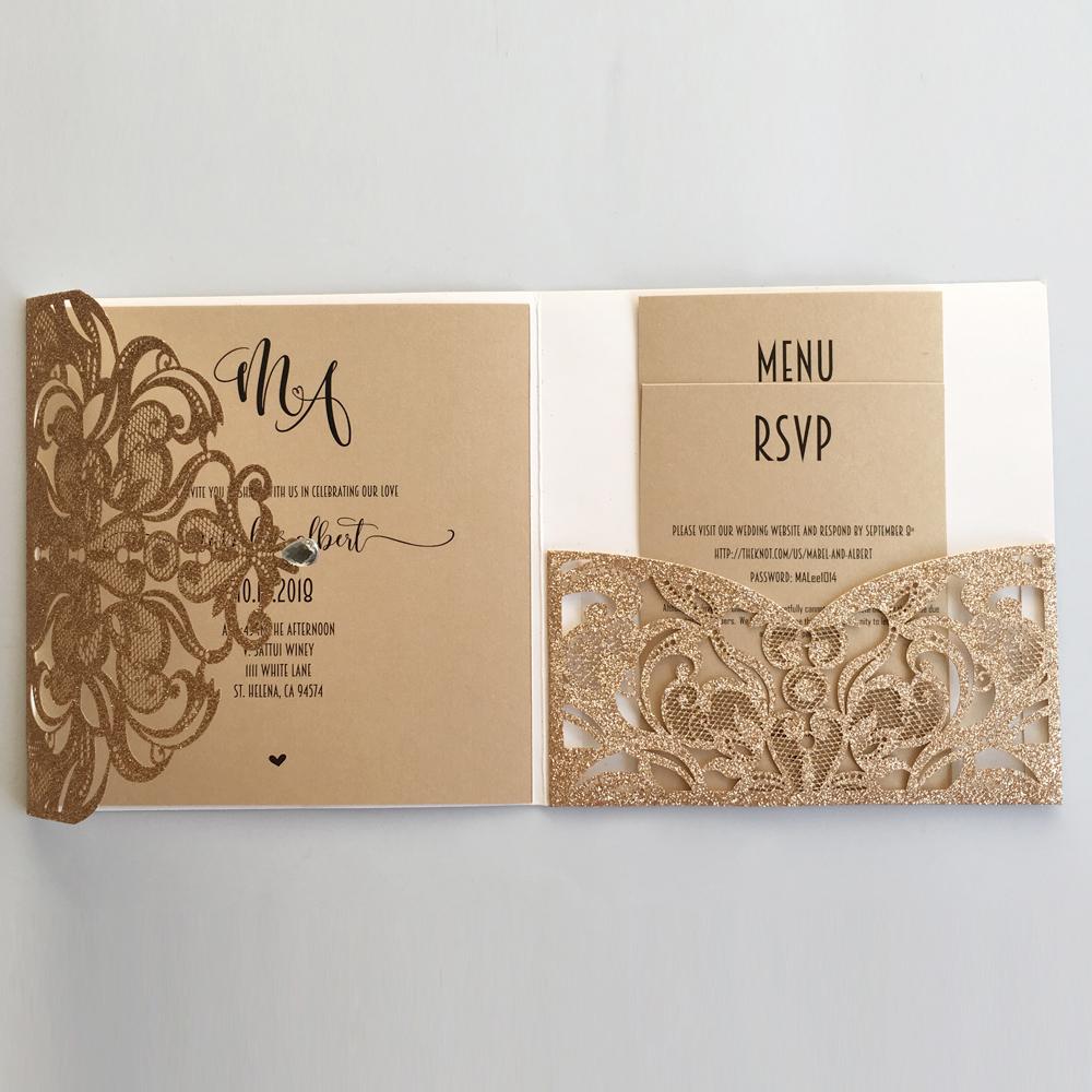Gold Glitter Laser Cut Wedding Invites with RSVP Cards Luxury Wedding Cards