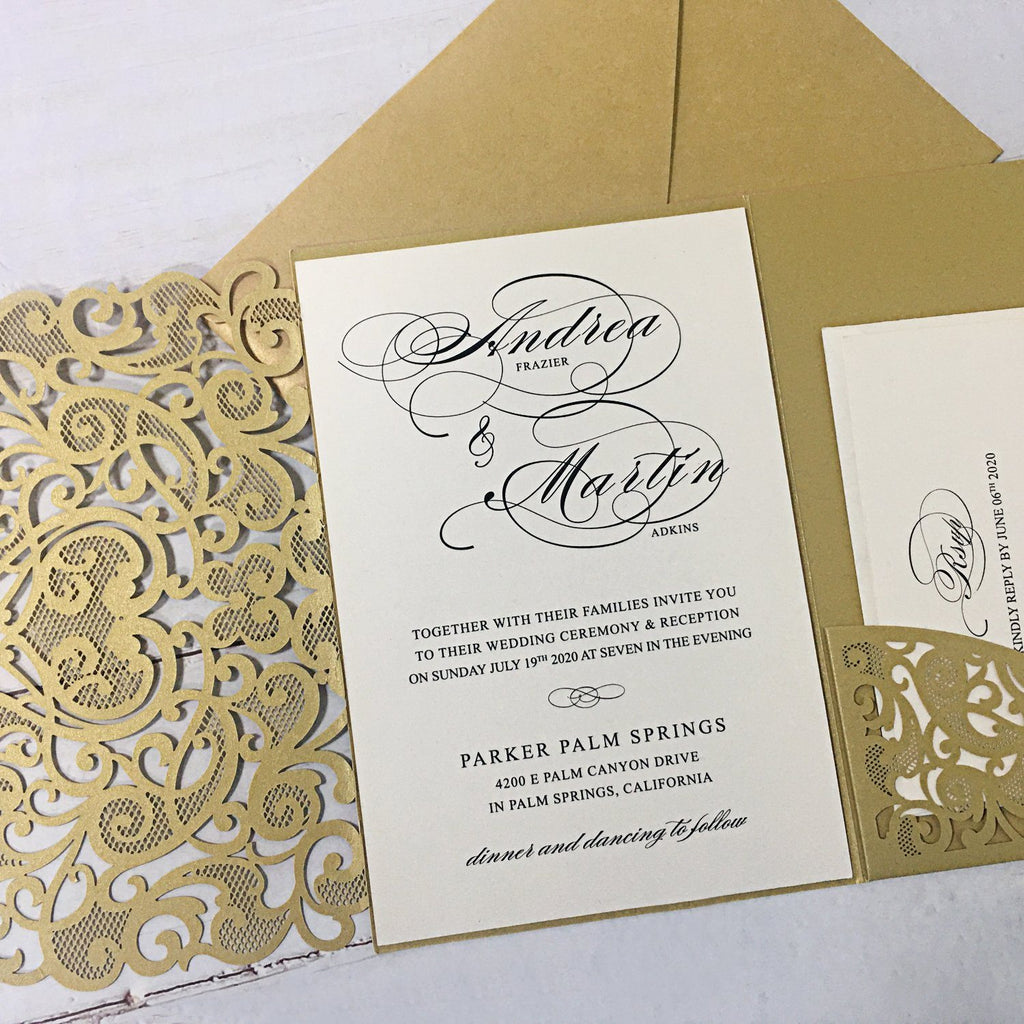 Gold Pocket Wedding Invitations Luxury Laser Cut Invitation Wedding Cards With RSVP Cards