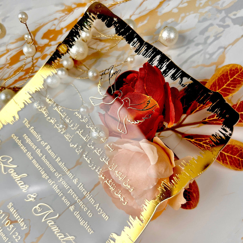 Gold Wavy Border Acrylic Wedding Invitations, Luxury Gold Foil Edge Wedding Invites with Black Glitter Lined Envelope, Customized Gold Ink Invitation