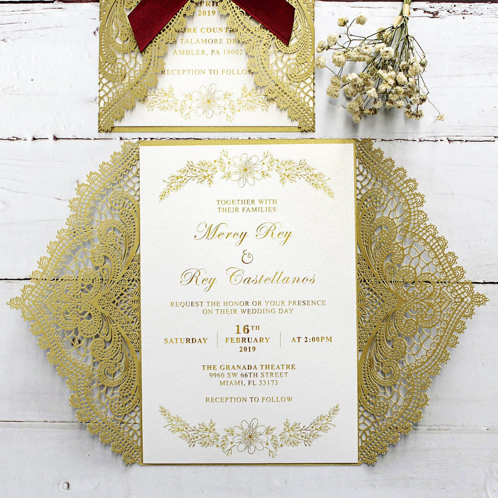 Golden Lace Wedding Invitation Cards with Burgundy Ribbon Bow and RSVP Cards