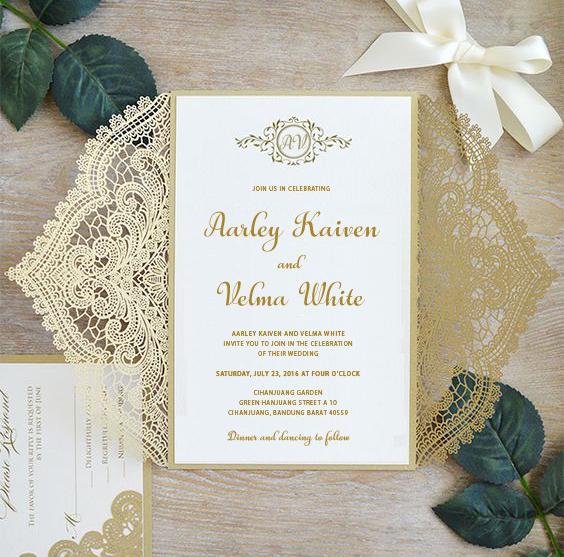 Golden Wedding Invitations Cards with RSVP Cards, Elegant Lace Invitation Cards