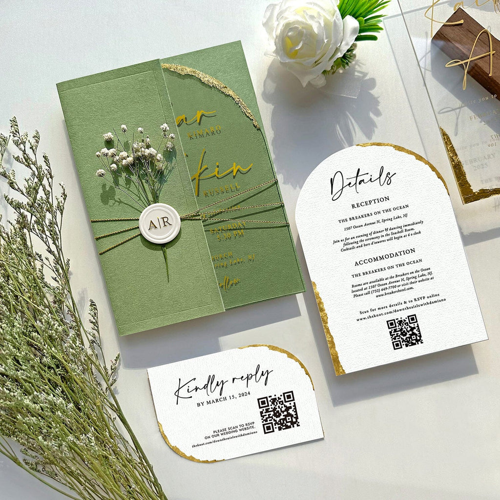 Green Botanical and Gold Arch Acrylic Wedding Invitations, Luxury Gold Foil Acrylic Invites, Handmade Gold Deckled Edge Invitation with Matching RSVP Cards