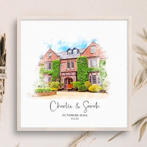 Personalized Wedding Venue Watercolor Portrait, Anniversary Gift