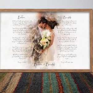 Watercolor Couple Portrait and Vows framed canvas art, Custom Wedding vows print, Wedding Vow Art, 1 Year Anniversary gift for her Vow Print